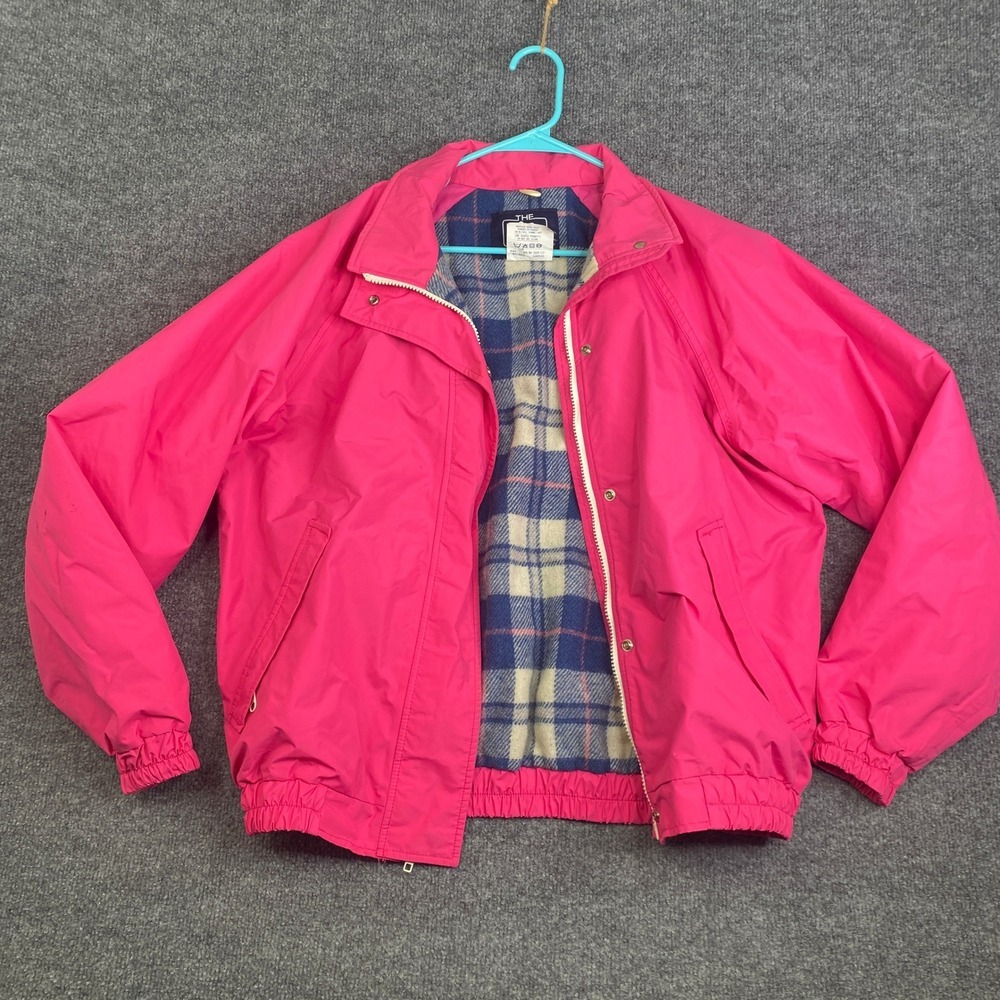 Vintage Woolrich Woman Hot Pink Nylon Bomber Jacket Plaid Wool Lined USA Large